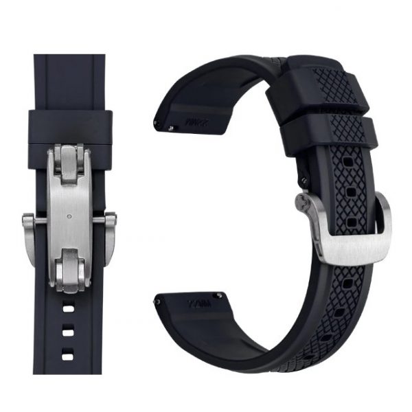 22mm Quick Release Butterfly Deployment Buckle FKM Rubber Watch Band - Black